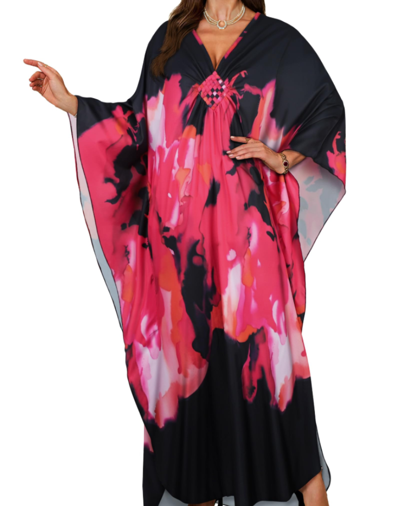 Janet Kaftan Femme Grande Taille – Maxi lepršava haljina za plažu, V-izrez i boho šišmiš rukavi