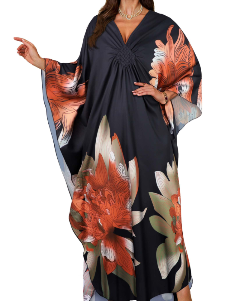 Janet Kaftan Femme Grande Taille – Maxi lepršava haljina za plažu, V-izrez i boho šišmiš rukavi