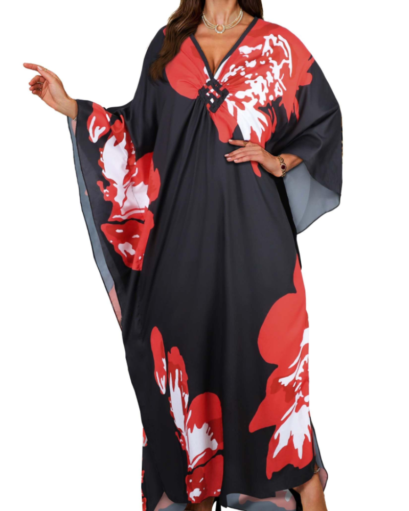 Janet Kaftan Femme Grande Taille – Maxi lepršava haljina za plažu, V-izrez i boho šišmiš rukavi