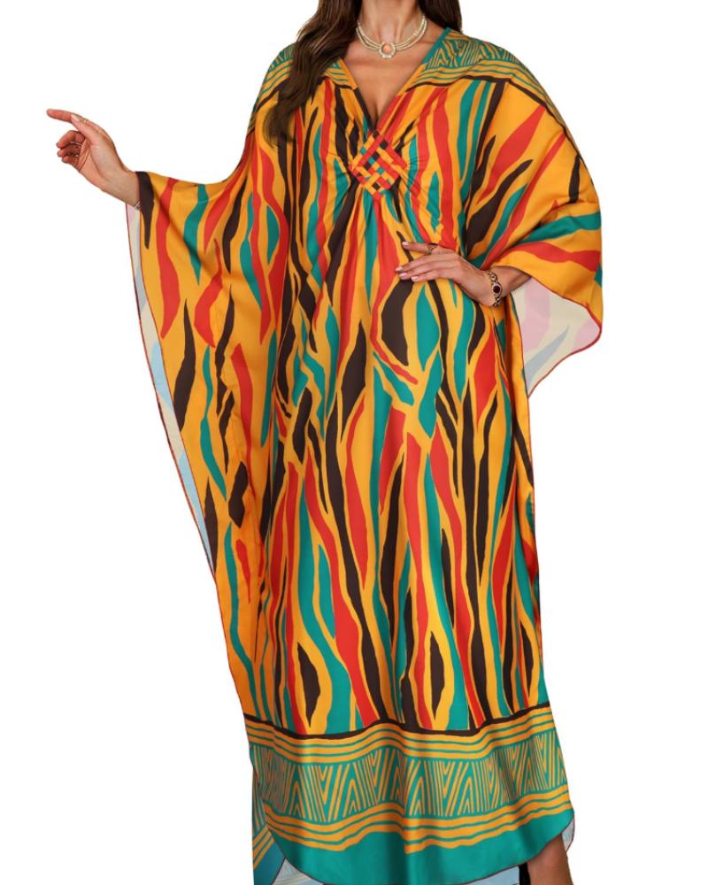 Janet Kaftan Femme Grande Taille – Maxi lepršava haljina za plažu, V-izrez i boho šišmiš rukavi