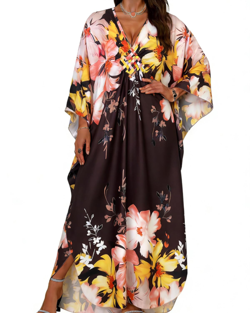 Janet Kaftan Femme Grande Taille – Maxi lepršava haljina za plažu, V-izrez i boho šišmiš rukavi
