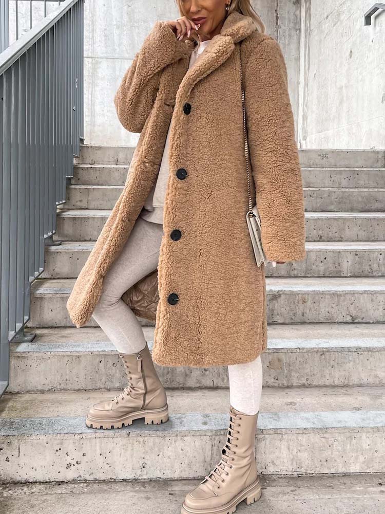 Cataleya Manteau Femme Teddy – Lang model blød i imiteret uld med varm pasform & lommer