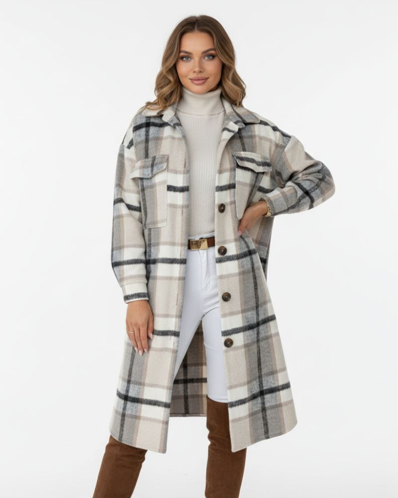 Jody Manteau Γυναικείο Καρό – Μακρύ Oversize Σακάκι από Μάλλινο Μείγμα Στυλ Shacket