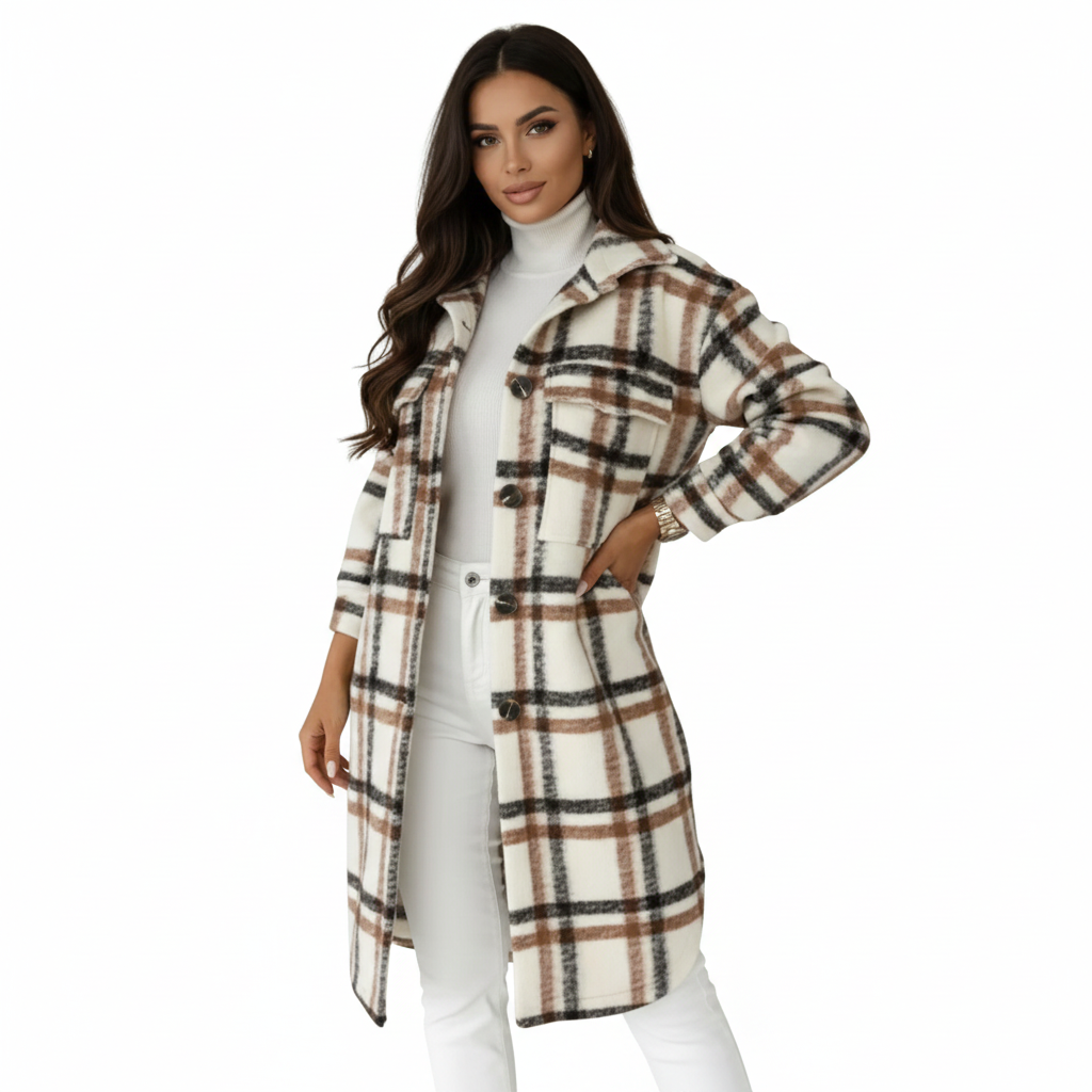 Jody Manteau Γυναικείο Καρό – Μακρύ Oversize Σακάκι από Μάλλινο Μείγμα Στυλ Shacket