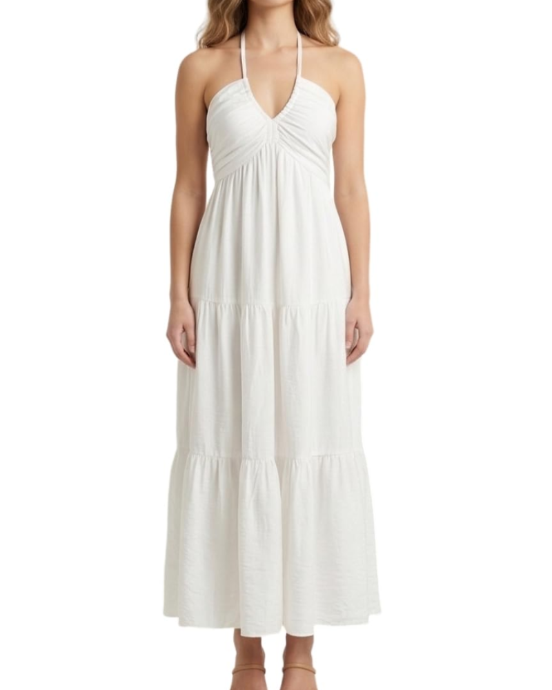 Leticia Robe Maxi Femme – Col Halter Ajustable, Coupe Fluide à Volants & Poches Été