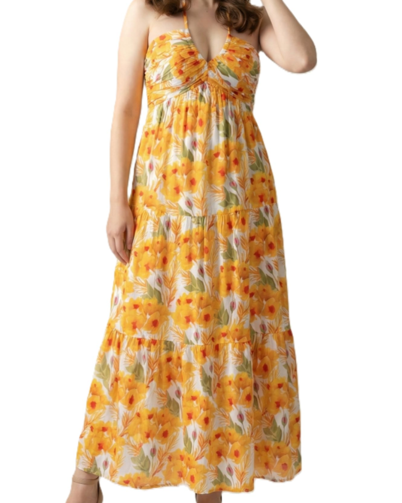 Leticia Robe Maxi Femme – Col Halter Ajustable, Coupe Fluide à Volants & Poches Été