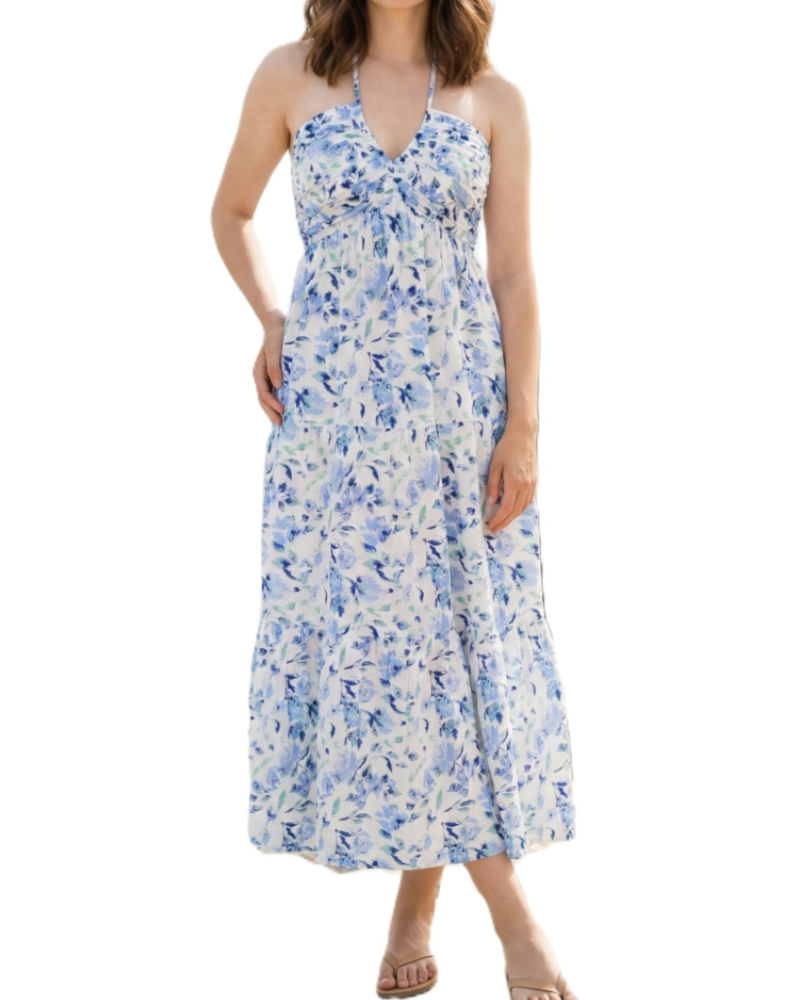Leticia Robe Maxi Femme – Col Halter Ajustable, Coupe Fluide à Volants & Poches Été