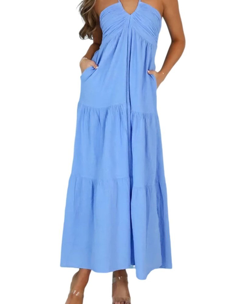 Leticia Robe Maxi Femme – Col Halter Ajustable, Coupe Fluide à Volants & Poches Été