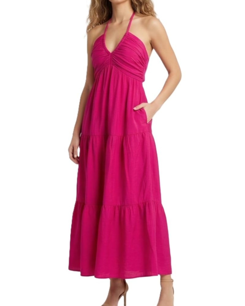 Leticia Robe Maxi Femme – Col Halter Ajustable, Coupe Fluide à Volants & Poches Été