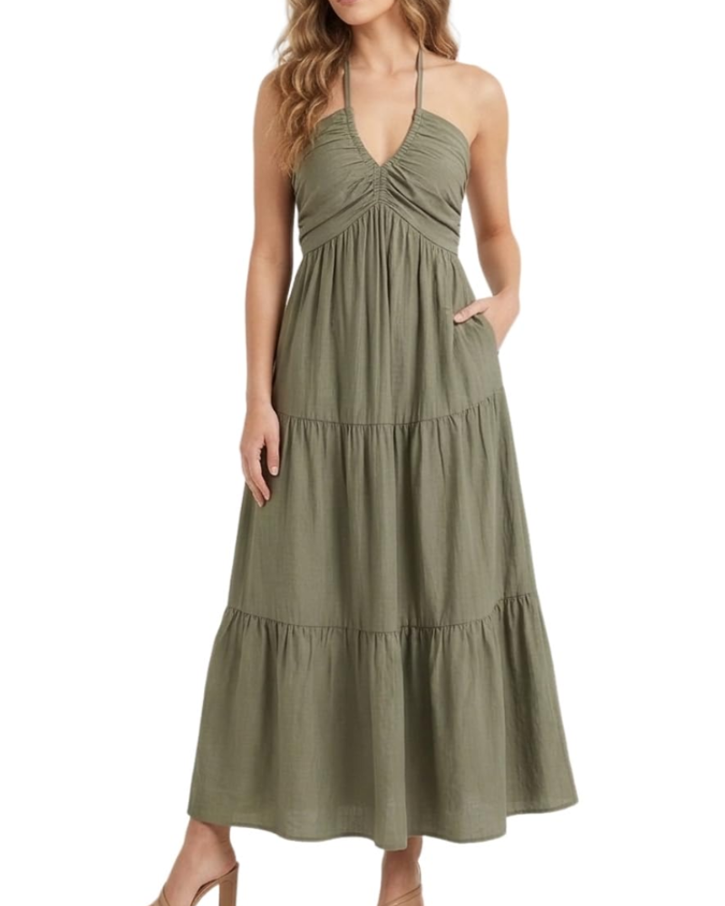 Leticia Robe Maxi Femme – Col Halter Ajustable, Coupe Fluide à Volants & Poches Été