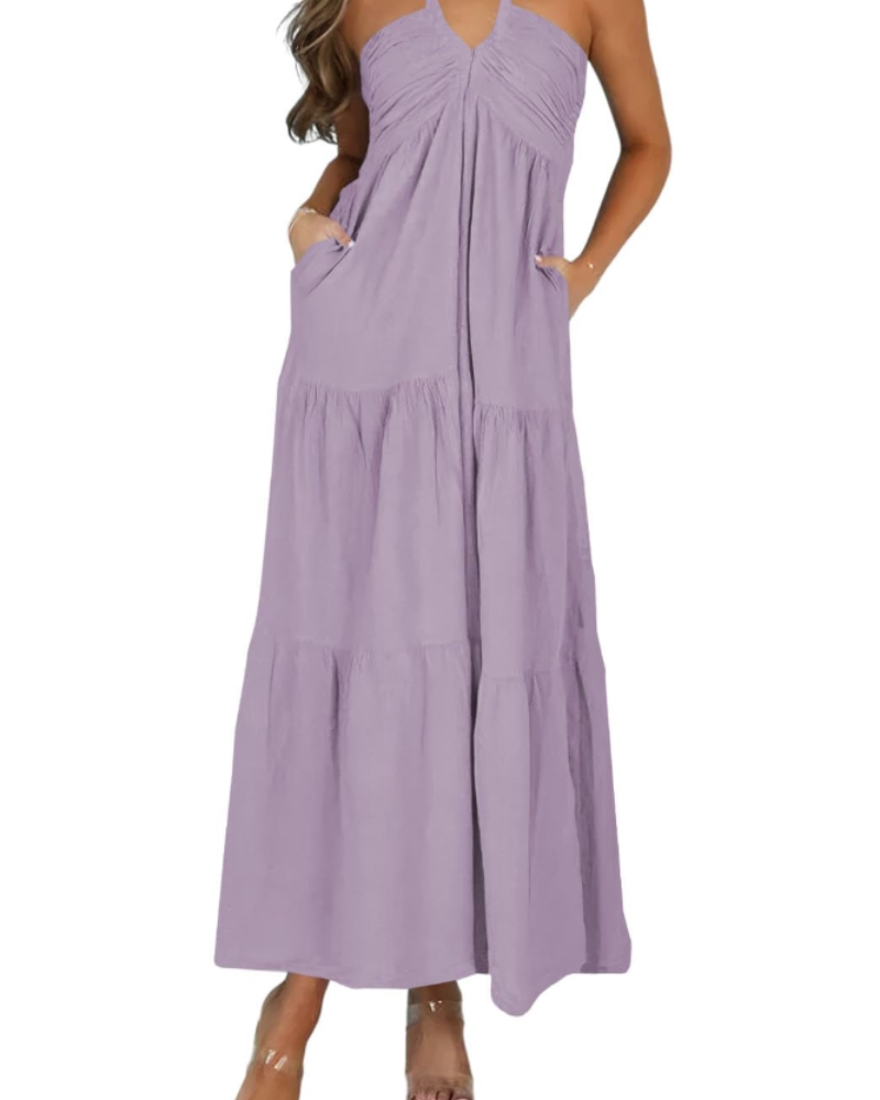 Leticia Robe Maxi Femme – Col Halter Ajustable, Coupe Fluide à Volants & Poches Été