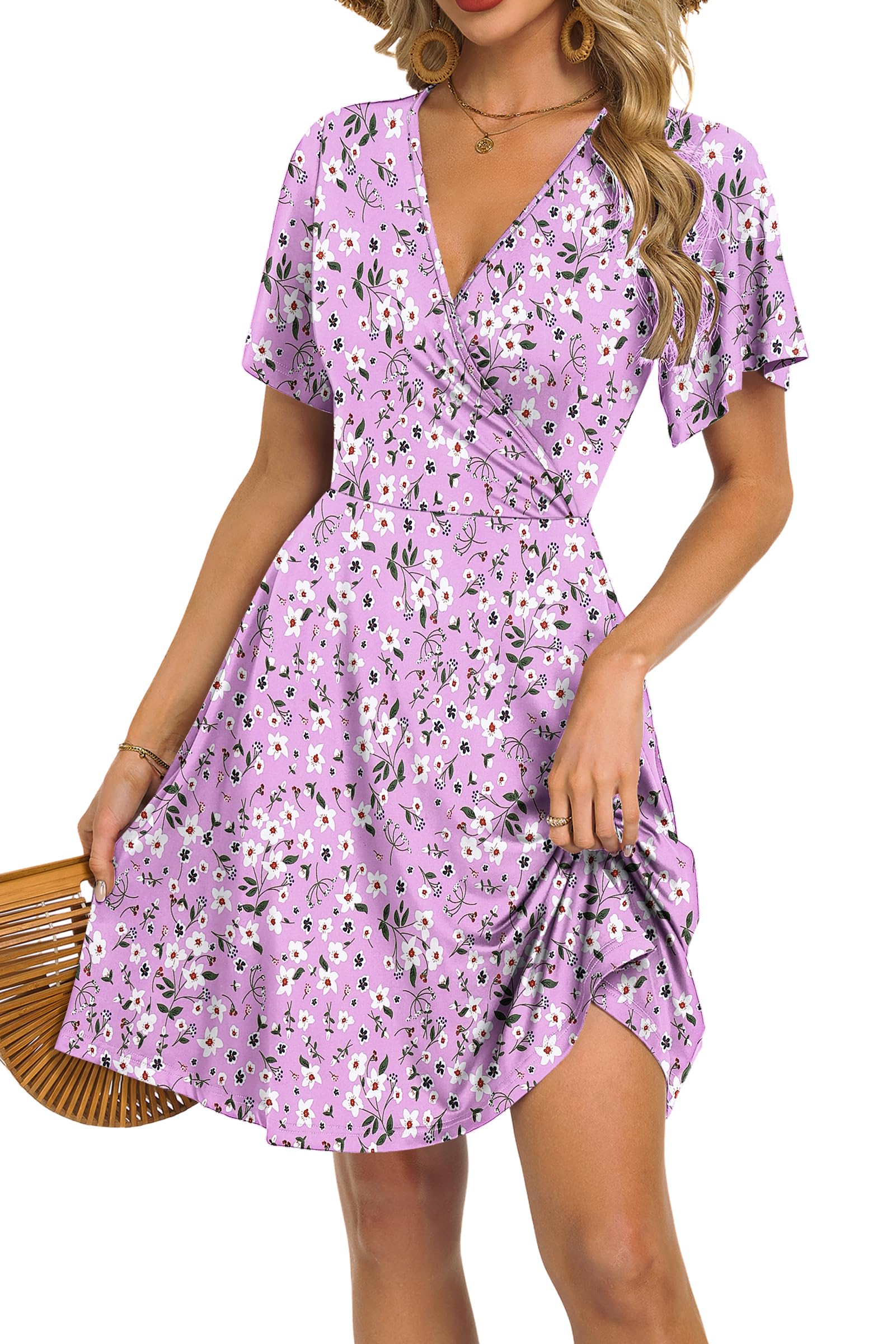 Rochie Mariselle pentru femei – Decolteu în V în stil cache-cœur floral, talie imperiu și buzunare, croială evazată, vară