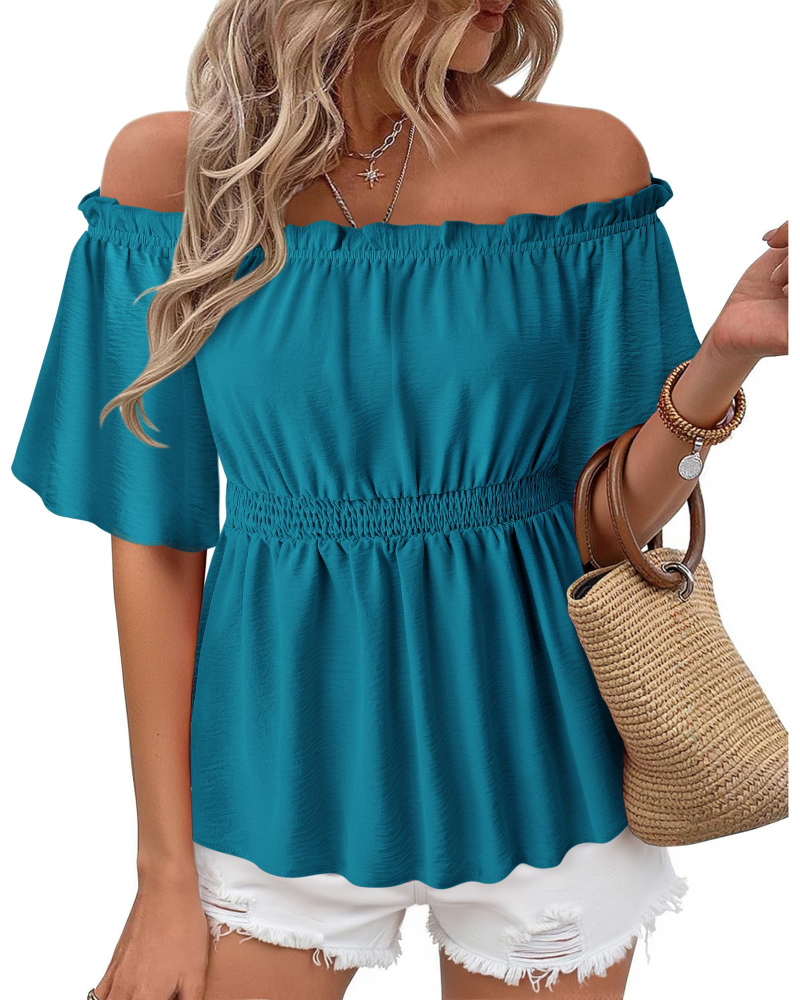 Lenora Top Femme – Váll nélküli fodros péplum blúz, elegáns, karcsúsított szabás, nyári