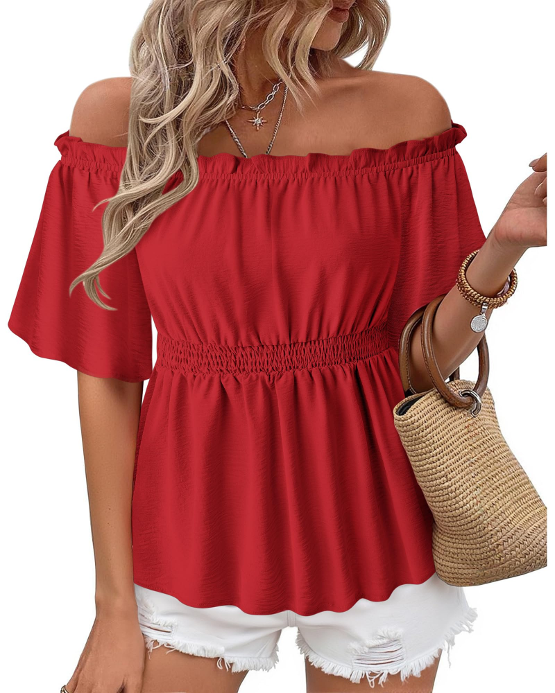 Lenora Top Femme – Váll nélküli fodros péplum blúz, elegáns, karcsúsított szabás, nyári