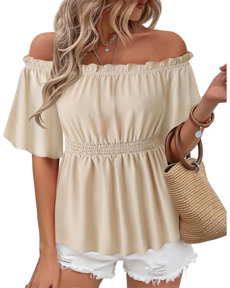 Lenora Top Femme – Váll nélküli fodros péplum blúz, elegáns, karcsúsított szabás, nyári