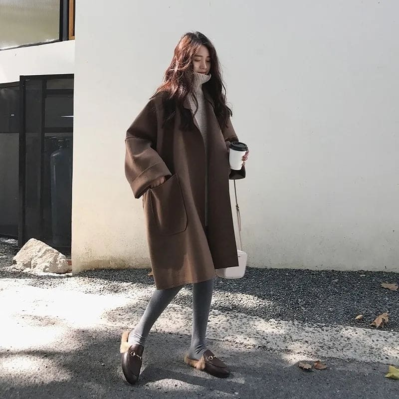 Jasmine Manteau Mujer en Lana Mezclada – Chaqueta de Invierno Oversize con Diseño Minimalista y Grandes Bolsillos