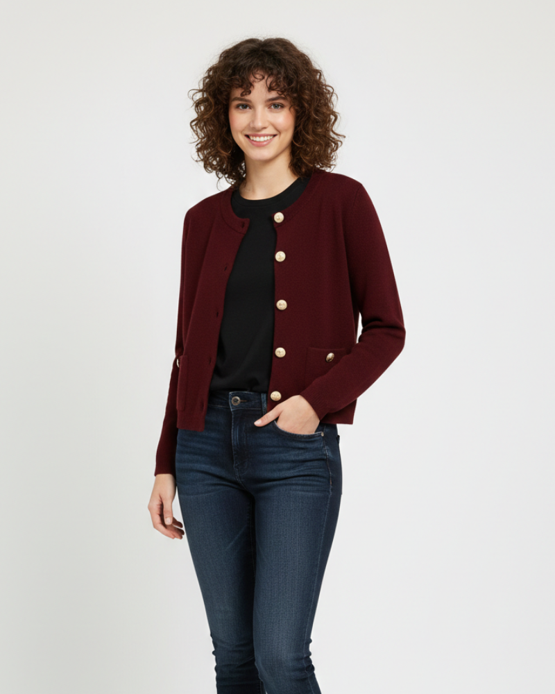 Cardigan Maria Court Donna – Maglia Fine Strutturata, Bottoni a Contrasto e Stile Elegante