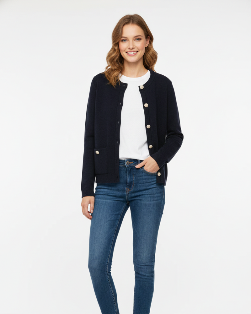 Cardigan Maria Court Donna – Maglia Fine Strutturata, Bottoni a Contrasto e Stile Elegante