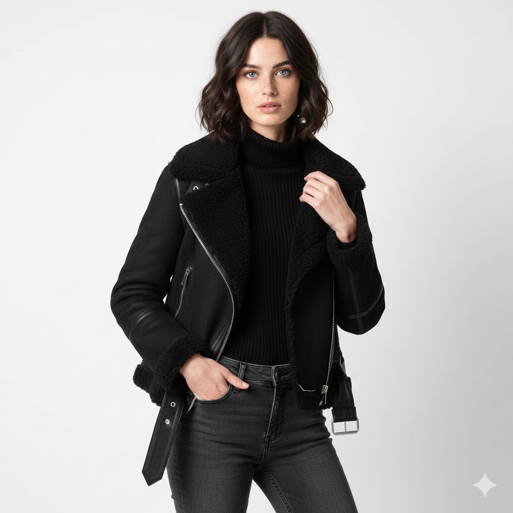 Beverly Manteau Biker Femme – Teplá semišová bunda se shearlingem s moderním stylem a zipovými detaily
