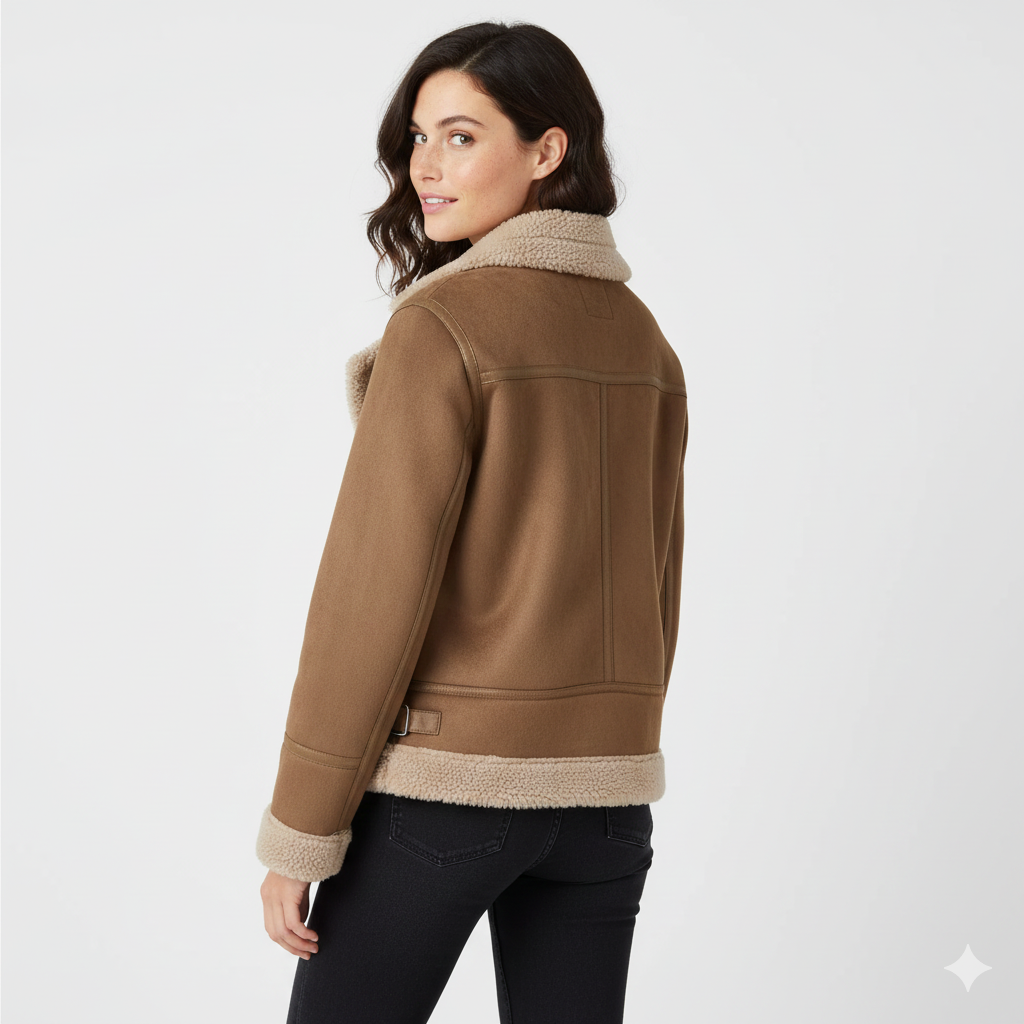 Beverly Manteau Biker Femme – Teplá semišová bunda se shearlingem s moderním stylem a zipovými detaily