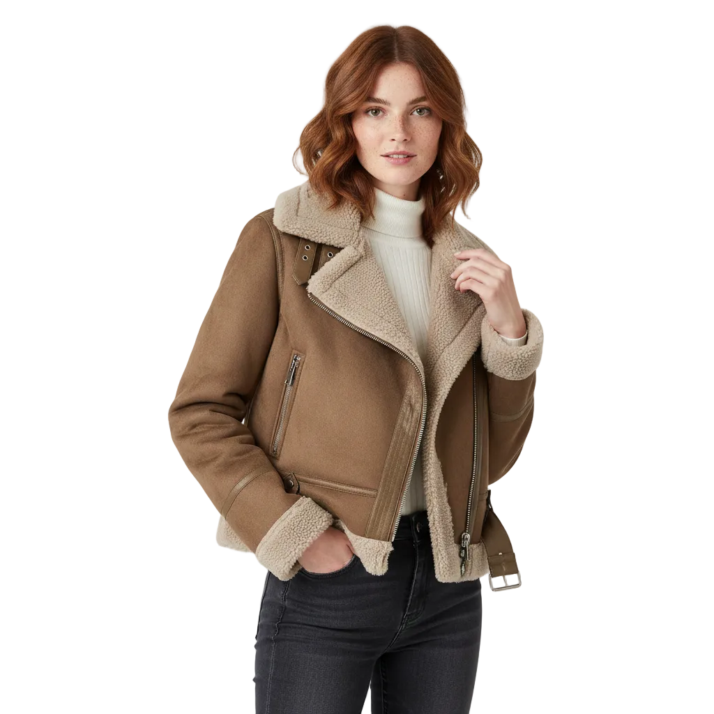 Beverly Manteau Biker Femme – Teplá semišová bunda se shearlingem s moderním stylem a zipovými detaily