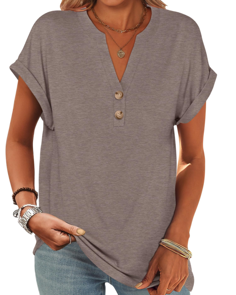 Manon Topp Dame – Henley-bluse med V-hals og knapper, ledig og elegant sommerstil