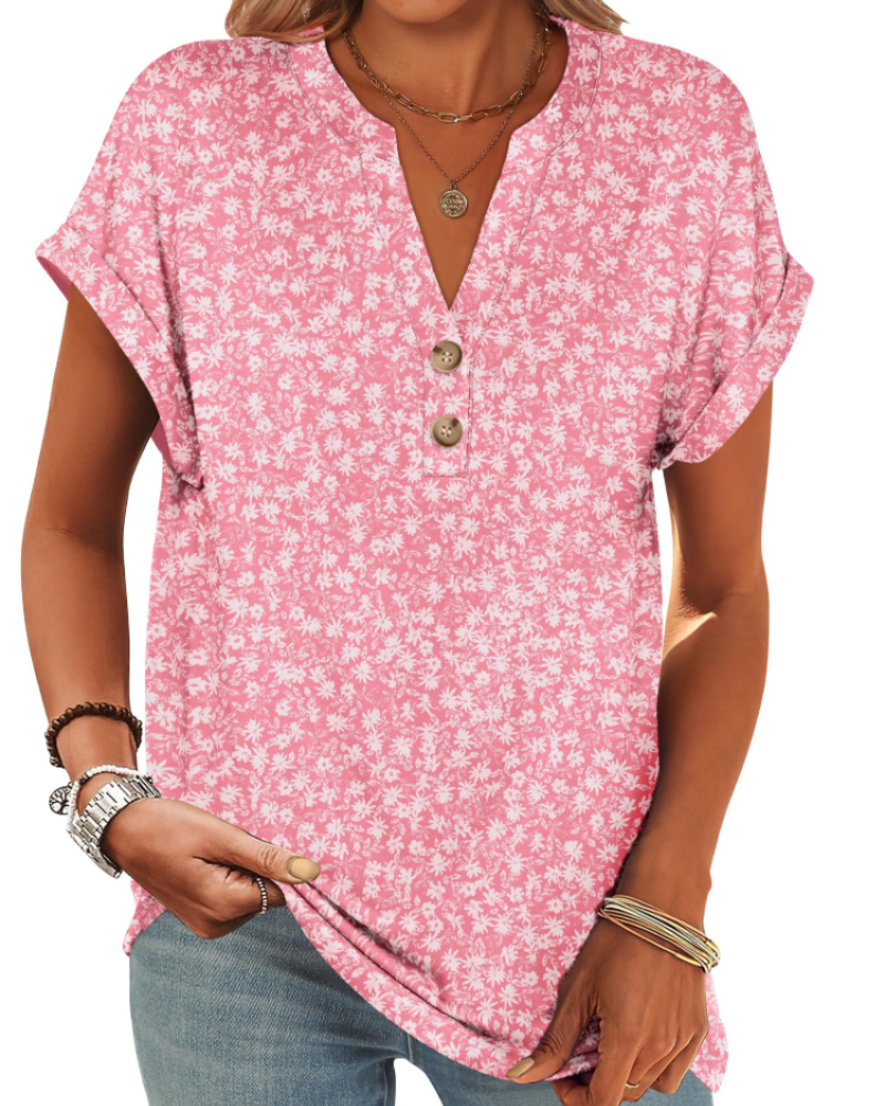 Manon Topp Dame – Henley-bluse med V-hals og knapper, ledig og elegant sommerstil