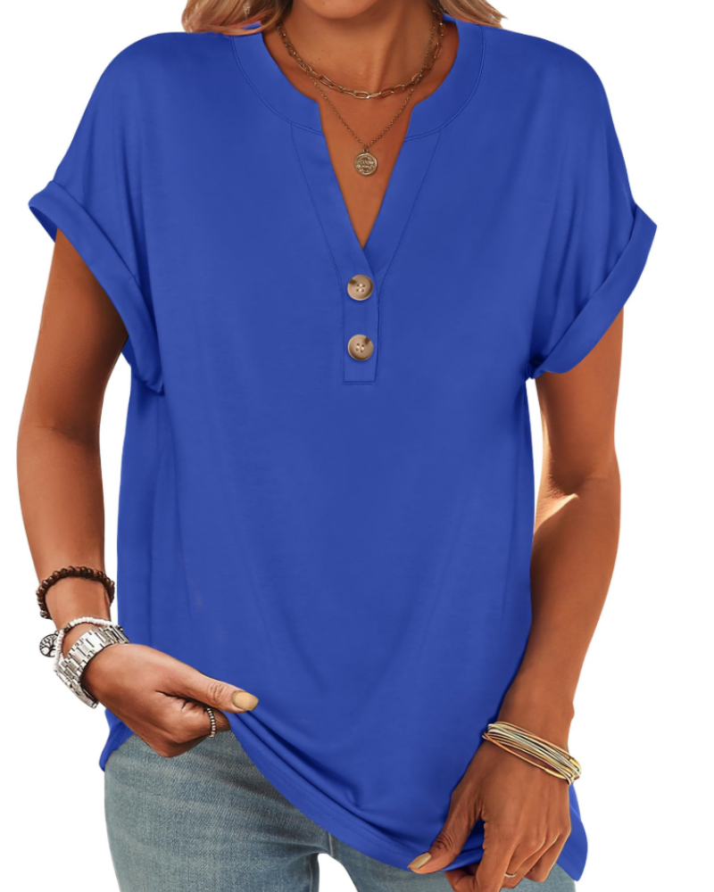 Manon Topp Dame – Henley-bluse med V-hals og knapper, ledig og elegant sommerstil
