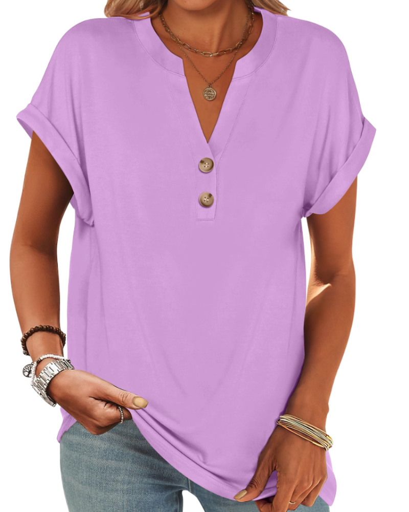 Manon Topp Dame – Henley-bluse med V-hals og knapper, ledig og elegant sommerstil
