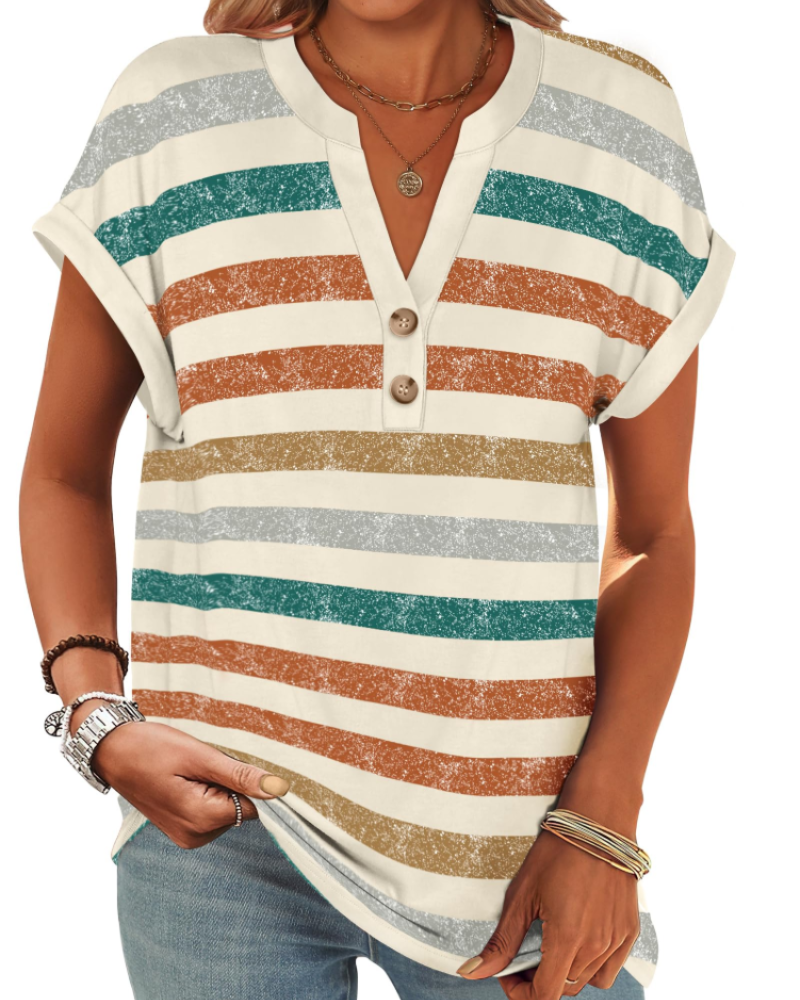 Manon Topp Dame – Henley-bluse med V-hals og knapper, ledig og elegant sommerstil