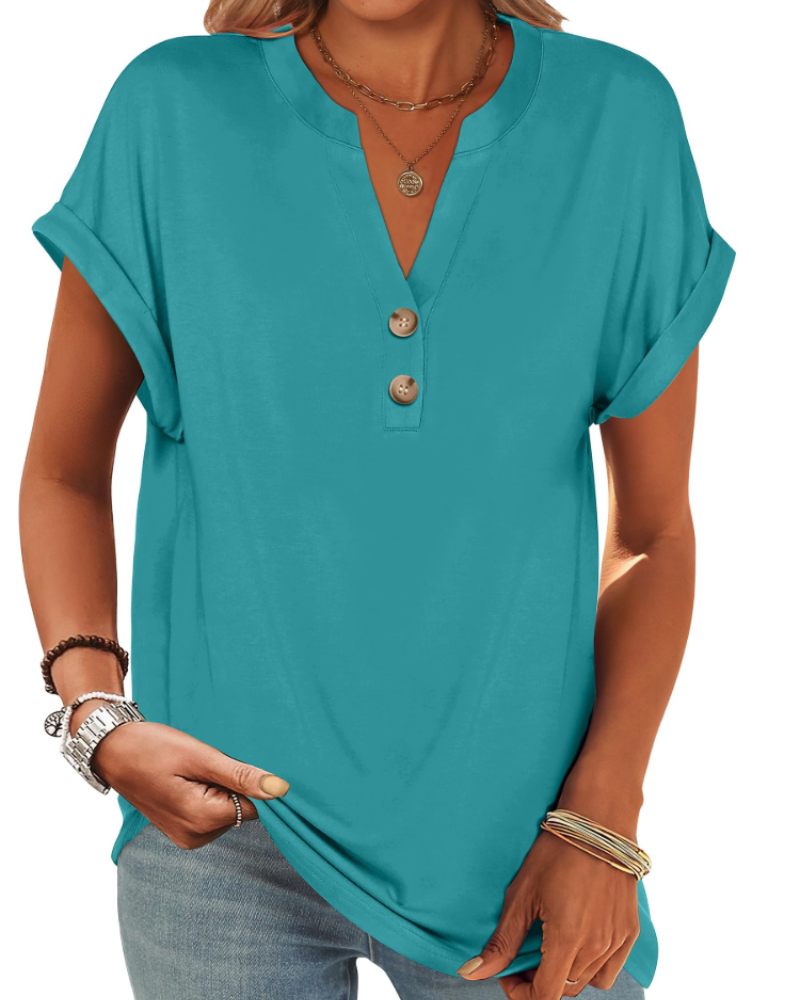 Manon Topp Dame – Henley-bluse med V-hals og knapper, ledig og elegant sommerstil