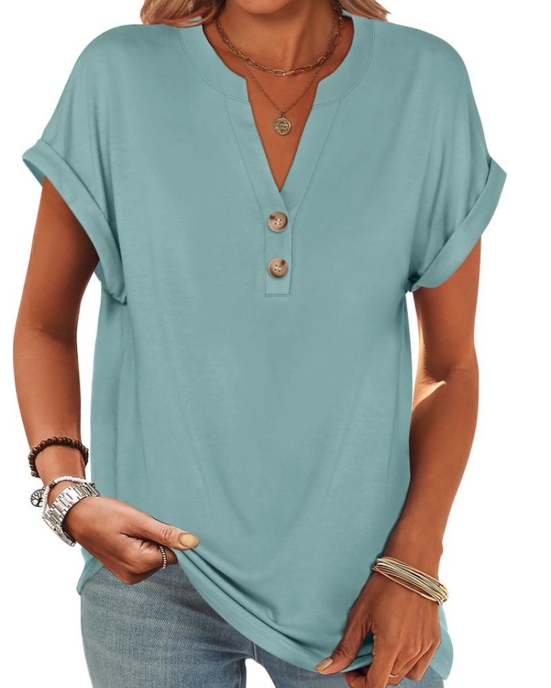 Manon Topp Dame – Henley-bluse med V-hals og knapper, ledig og elegant sommerstil