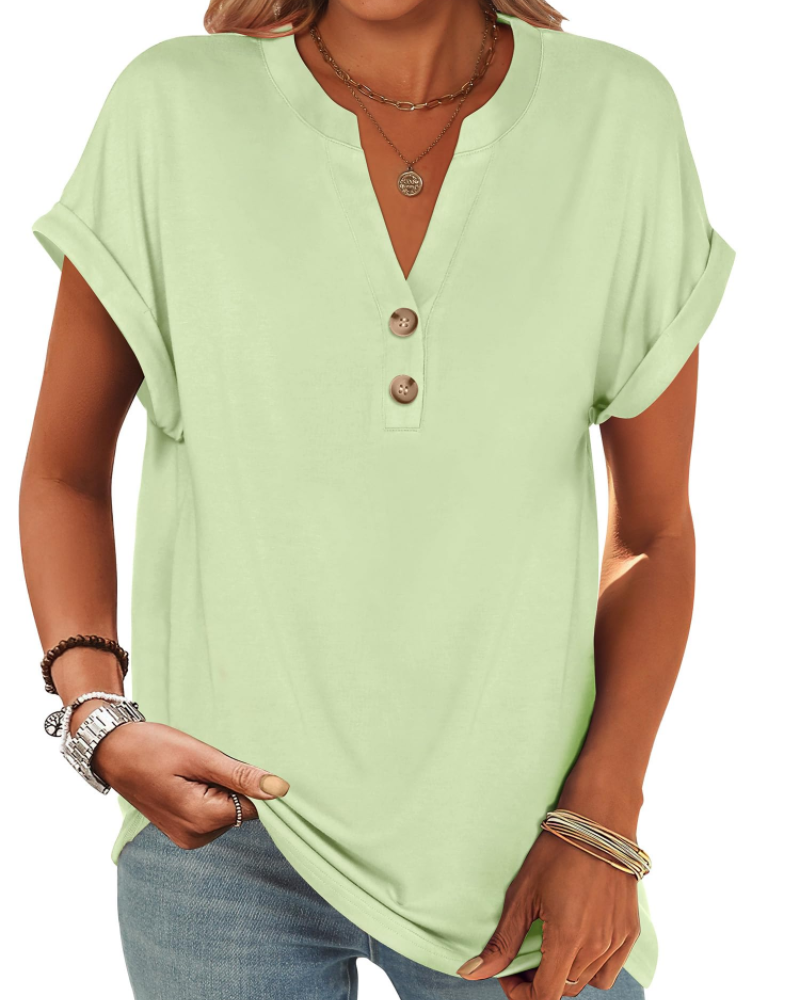 Manon Topp Dame – Henley-bluse med V-hals og knapper, ledig og elegant sommerstil