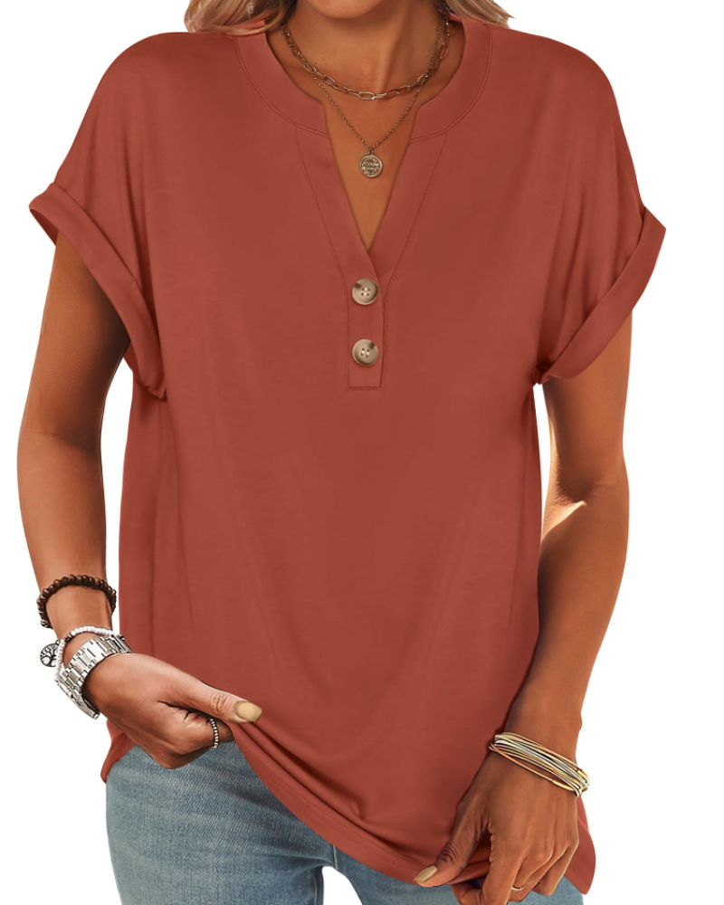 Manon Topp Dame – Henley-bluse med V-hals og knapper, ledig og elegant sommerstil