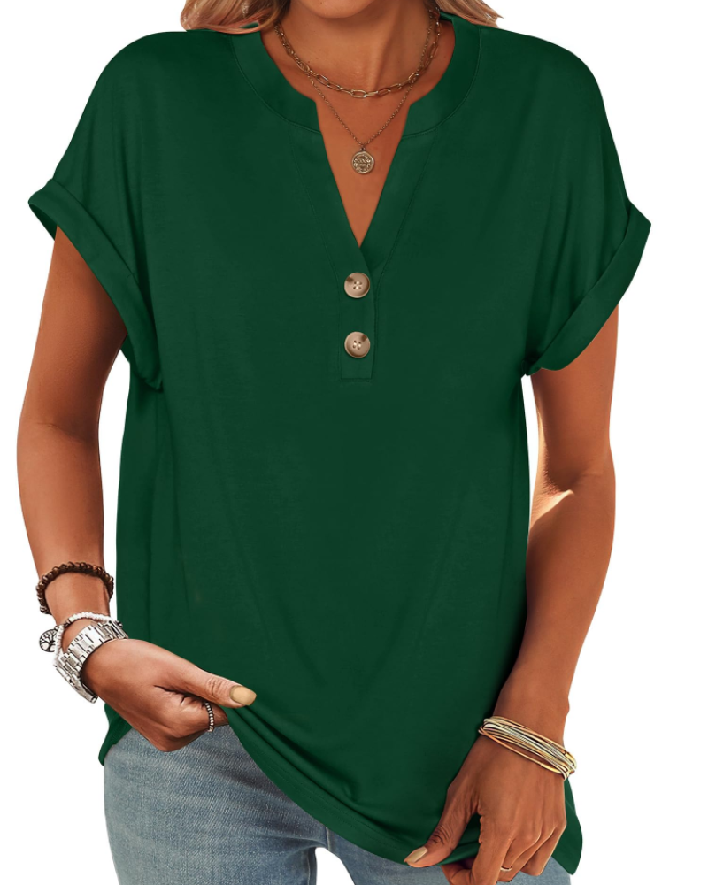 Manon Topp Dame – Henley-bluse med V-hals og knapper, ledig og elegant sommerstil