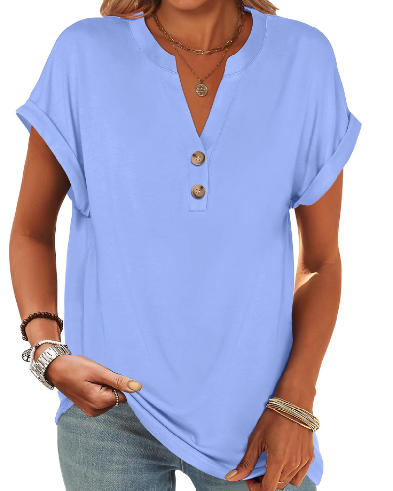 Manon Topp Dame – Henley-bluse med V-hals og knapper, ledig og elegant sommerstil