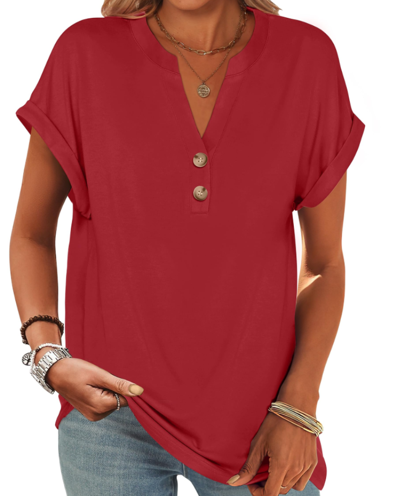 Manon Topp Dame – Henley-bluse med V-hals og knapper, ledig og elegant sommerstil