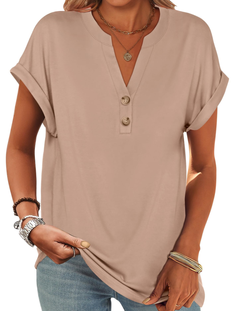Manon Topp Dame – Henley-bluse med V-hals og knapper, ledig og elegant sommerstil