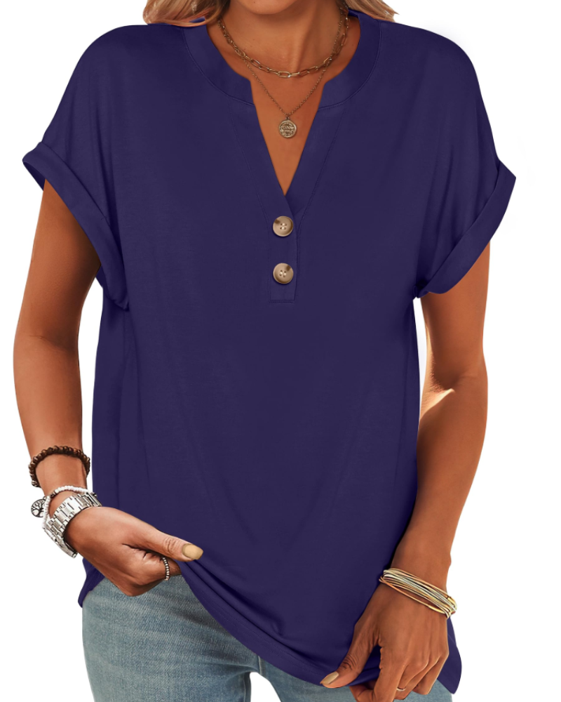Manon Topp Dame – Henley-bluse med V-hals og knapper, ledig og elegant sommerstil