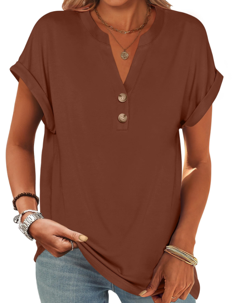 Manon Topp Dame – Henley-bluse med V-hals og knapper, ledig og elegant sommerstil