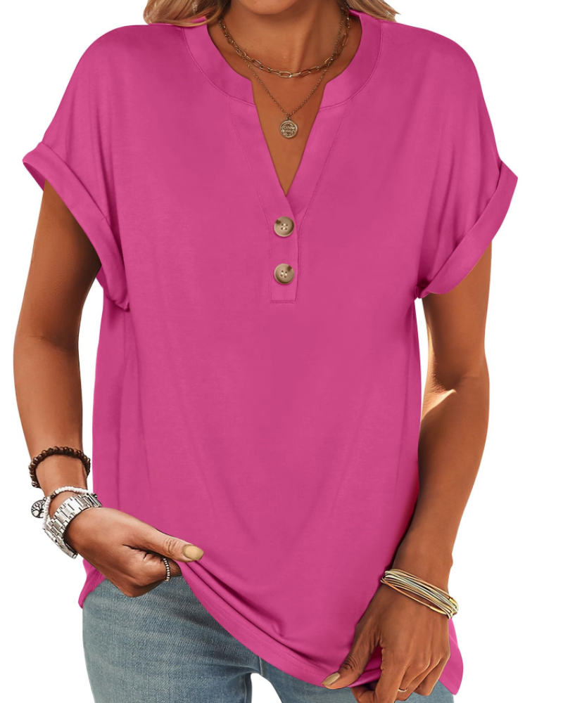 Manon Topp Dame – Henley-bluse med V-hals og knapper, ledig og elegant sommerstil