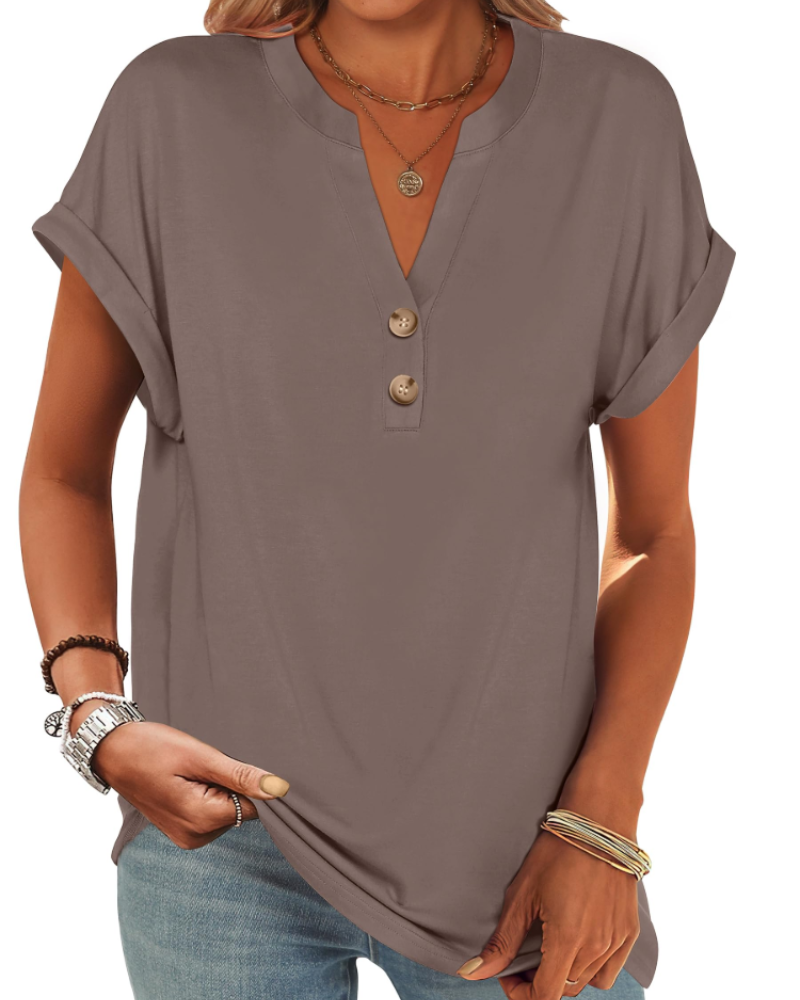 Manon Topp Dame – Henley-bluse med V-hals og knapper, ledig og elegant sommerstil