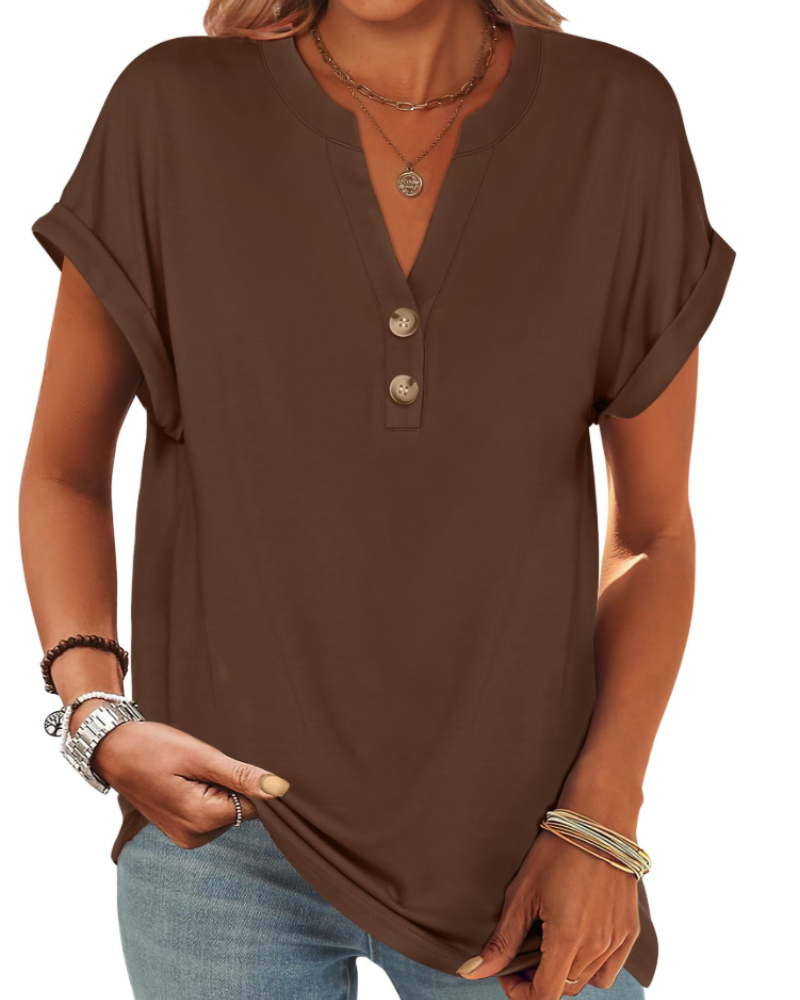 Manon Topp Dame – Henley-bluse med V-hals og knapper, ledig og elegant sommerstil