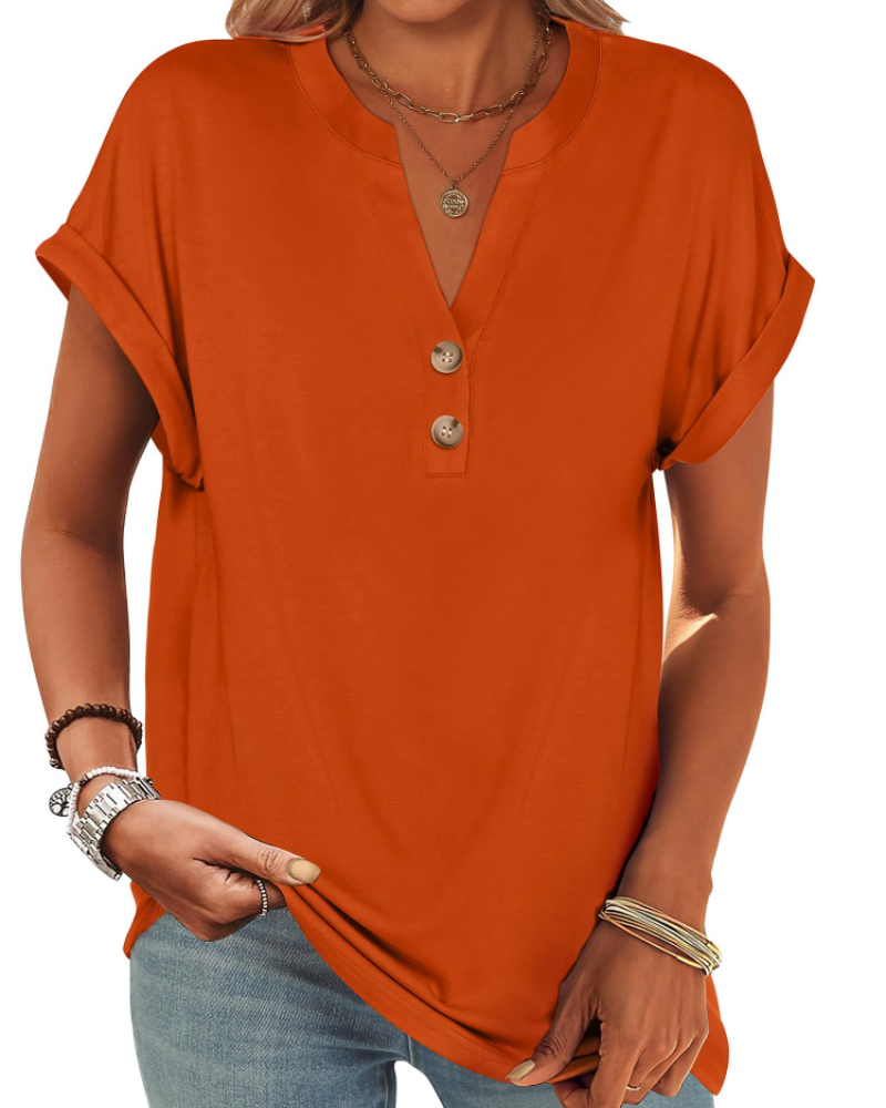 Manon Topp Dame – Henley-bluse med V-hals og knapper, ledig og elegant sommerstil