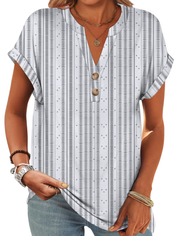 Manon Topp Dame – Henley-bluse med V-hals og knapper, ledig og elegant sommerstil