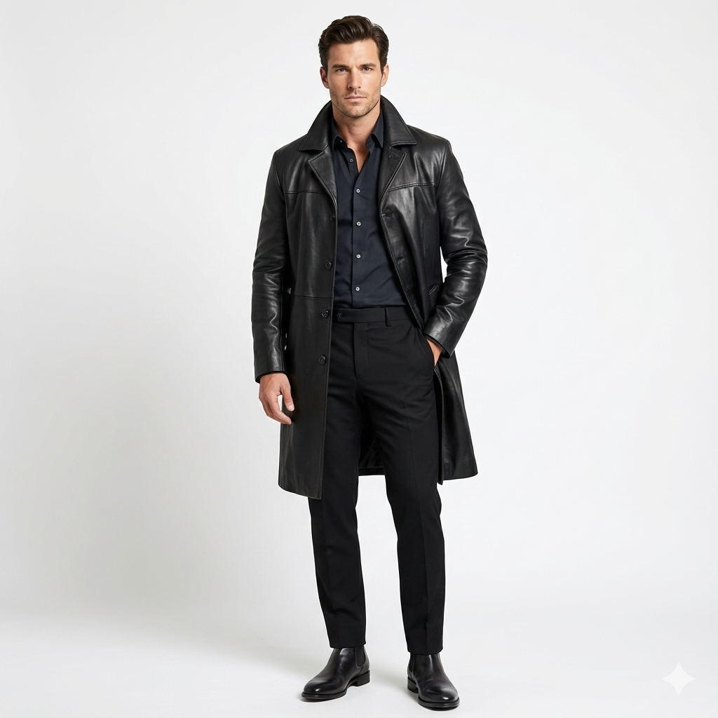 Marlo Trench Lang Herre – Elegant Frakke med Klassisk Knaplukning Moderne Snit