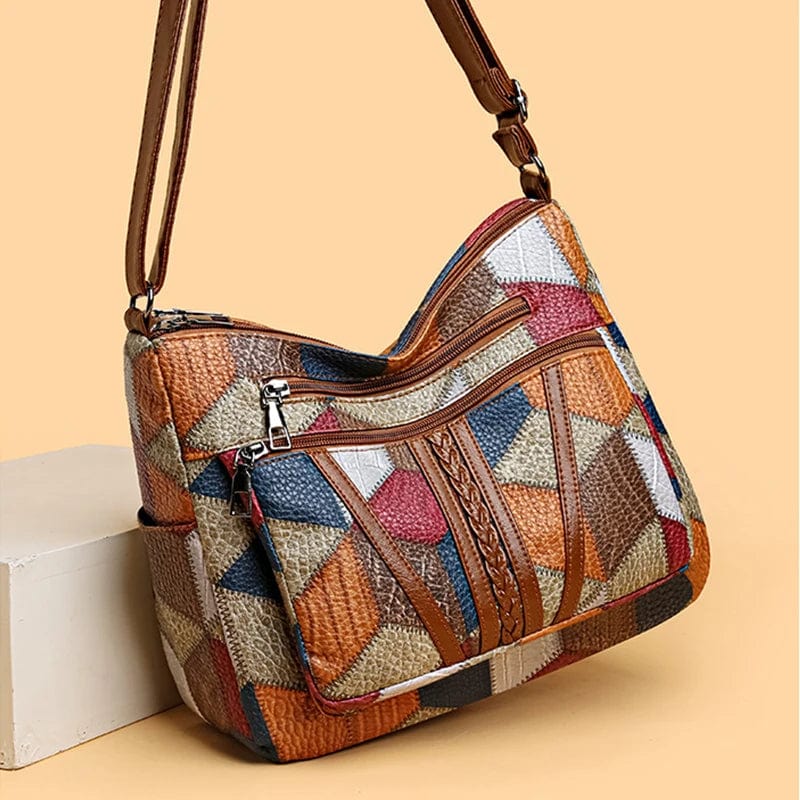 Marysol női kézitáska – bőr patchwork táska mozaik mintával és praktikus rekeszekkel