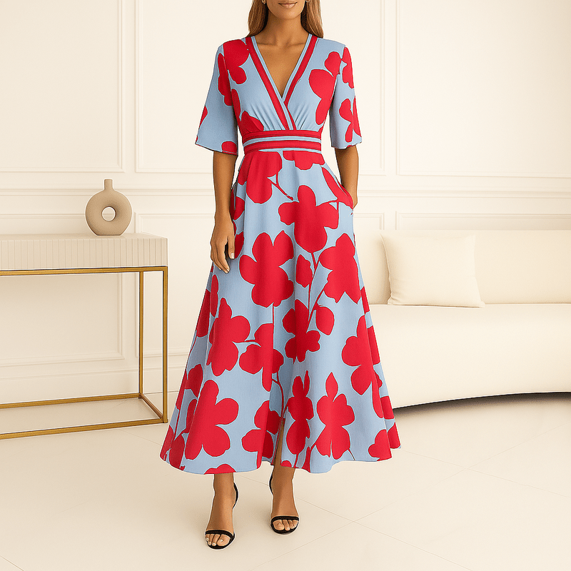 Vestido Comprido Belo para Senhora - Vestido floral com decote em V, cinto e racha para elegância de verão