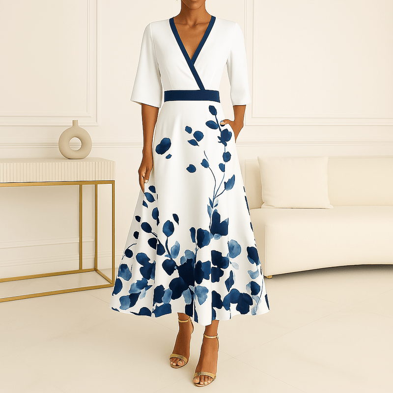 Vestido Comprido Belo para Senhora - Vestido floral com decote em V, cinto e racha para elegância de verão
