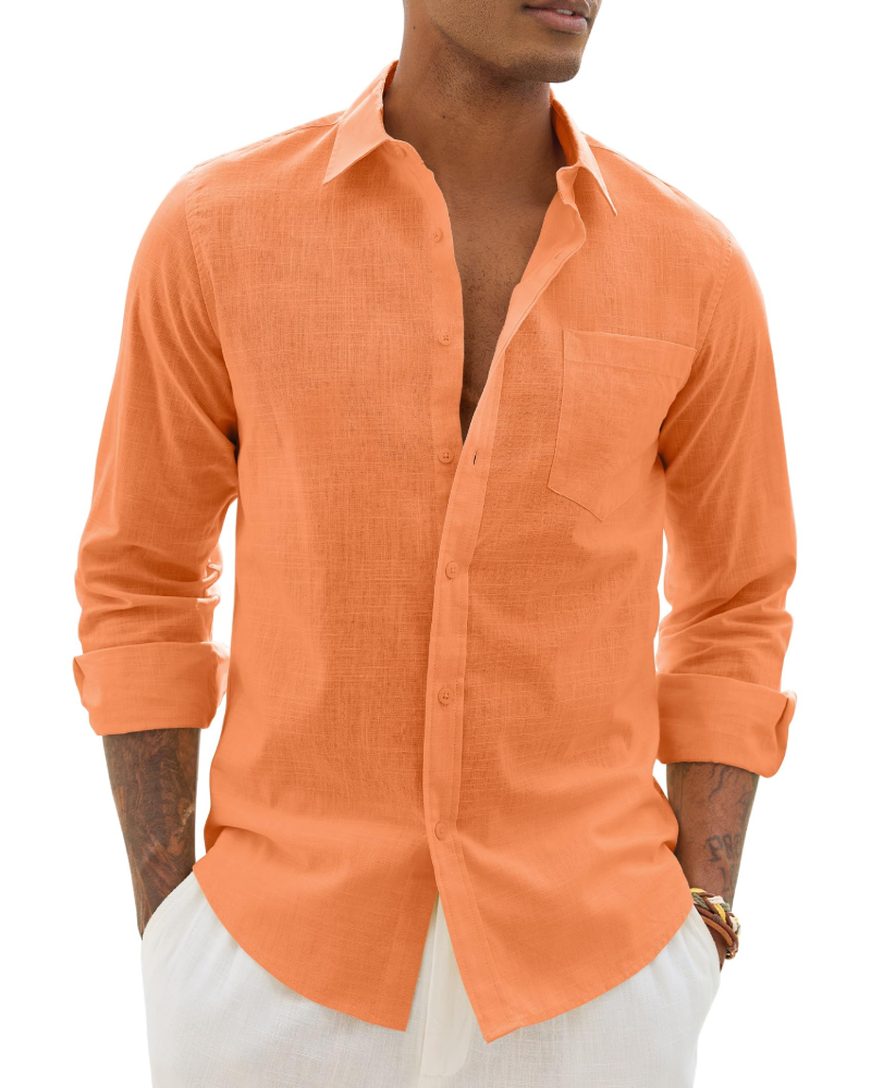Soren Camisa de hombre de algodón y lino – Camisa transpirable de manga larga con cuello clásico